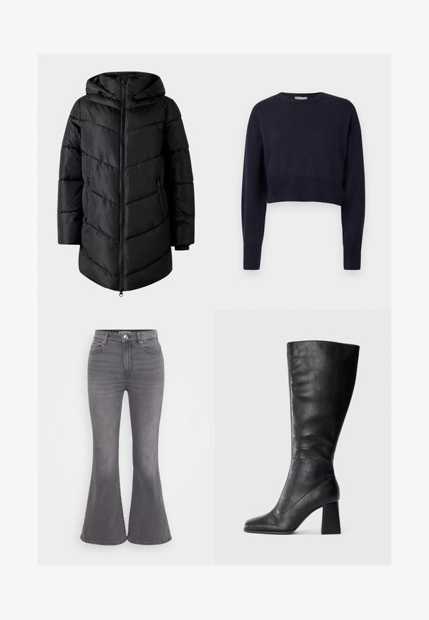 VILA Puffer VIMILJA Hooded - Talvemantel - black beauty; Tume sinine lühikeste varrukatega sviiter, millel on pikad varrukad, soonikstruktuur varrukatel ja alumisel äärel ning ümmargune kaelus.; Hallid denimpüksid, millel on viie tasku disain, nööbiga kinni keeramine ja kerge pleekimine värvi varieerimiseks; peened õmblusdetailid.; Mustad põlvikuni ulatuvad saapad, mis on valmistatud siledast nahast, varustatud kandilise varba ja lihvitud, paksud kandega. Lihtne disain ilma kaunistusteta.