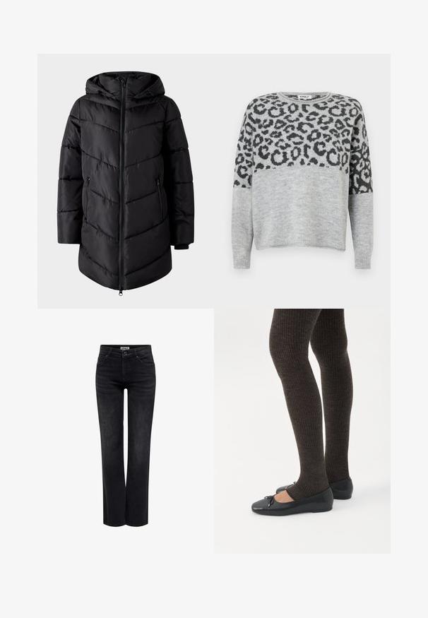 VILA Puffer VIMILJA Hooded - Wintermantel - black beauty; Grijze trui met een panterprintontwerp in donkergrijs. Heeft een ronde halslijn en lange mouwen, gemaakt van een zachte, gestructureerde stof.; ONLY BLUSH MID STRAIGHT NOOS - Straight leg jeans - washed black; Benen met donkere geribbelde leggings gecombineerd met zwarte ballerina's met kleine strikdetails op een witte achtergrond.