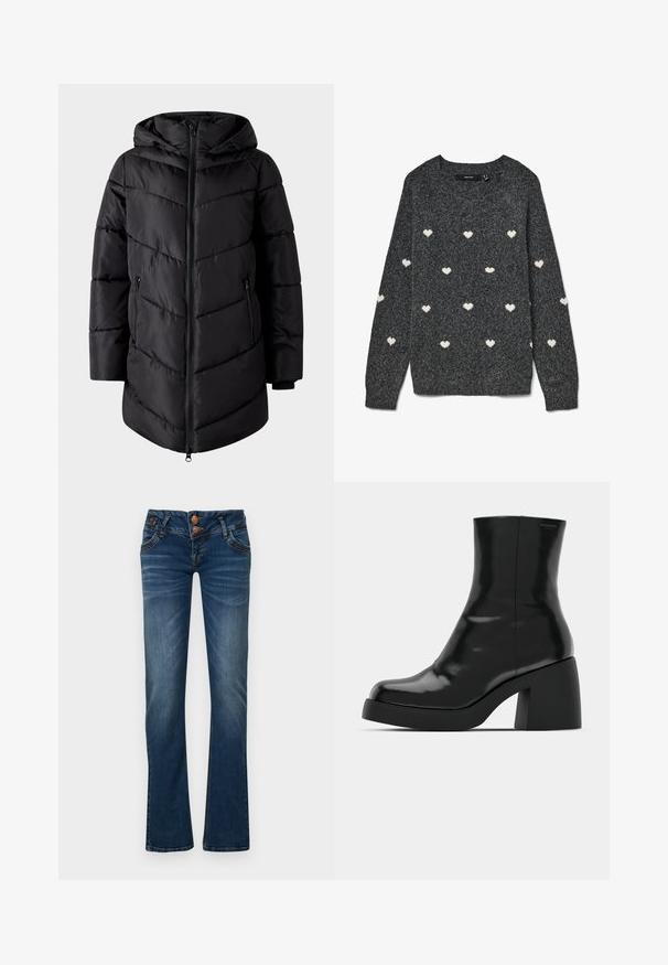 VILA Puffer VIMILJA Hooded - Zimný kabát - black beauty; Sivý sveter s okrúhlym výstrihom a dlhými rukávmi, zdobený opakujúcim sa vzorom malých bielych sŕdc po celej ploche. Mäkká textúrovaná látka.; Tmavomodré bootcut džíny s dvoma prednými gombíkmi, piatimi vreckami a jemným vyblednutím na stehnách a kolenách.; Čierne členkové topánky s lesklým povrchom, štvorcovou špičkou a širokým blokovým opätkom. Dizajn sa vyznačuje bezšvovou siluetou a minimálnym brandingom.