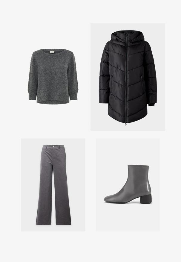 VILA Puffer VIMILJA Hooded - Zimný kabát - black beauty; Kaffe KABETTY - Svetrík - grey melange; Sivé široké manšestrové nohavice s predným gombíkom a pútkami na opasok na jednoduchom svetlom pozadí.; Sivé kožené členkové topánky so štýlovým dizajnom, špicatou špičkou a krátkym blokovým opätkom. Hladká textúra s minimálnym brandovaním na boku.