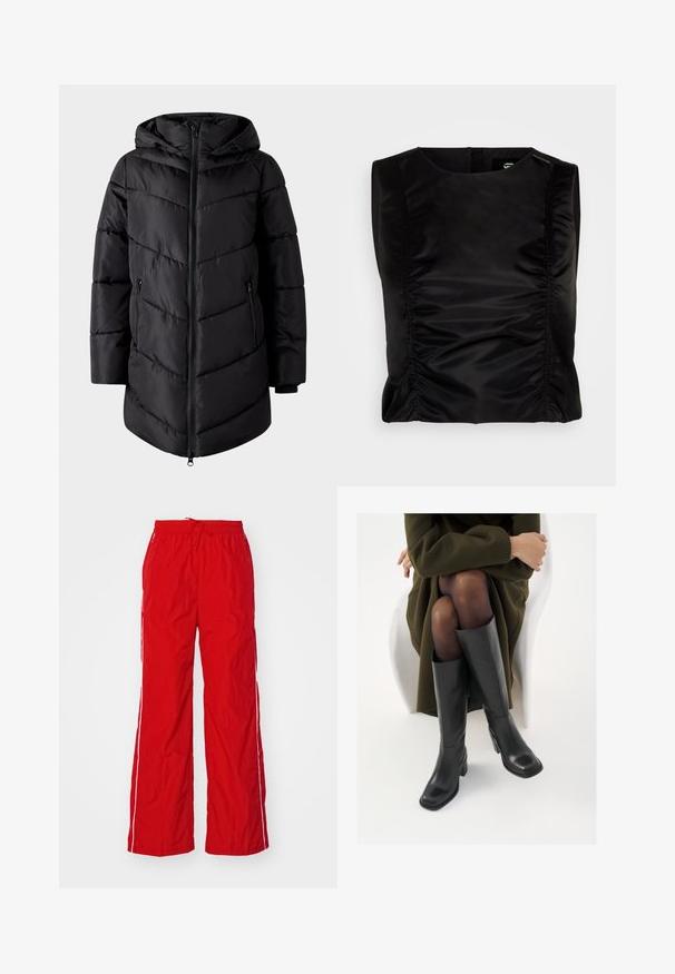VILA Puffer VIMILJA Hooded - Vinterfrakke - black beauty; Sort ærmeløs top med en glat, blank tekstur. Har samlede sidesømme for formgivning. Enkel rund halsudskæring.; Røde nylonbukser med vidde ben, elastisk talje med snøre og hvide sidelister. Glat tekstur med et let udseende.; Knæhøje sorte læder støvler med firkantet tå og blokhæl, vist med en model siddende i en olivengrøn frakke. Glat tekstur, minimal detaljer.