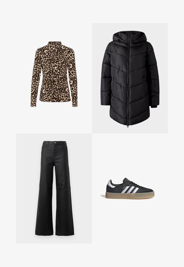 VILA Puffer VIMILJA Hooded - Abrigo de invierno - black beauty; Top de manga larga con cuello alto, estampado de leopardo en tonos marrón y beige, con detalles de fruncido en la parte frontal para dar forma.; Jeans de pierna ancha negros, hechos de denim suave, que cuentan con cierre de botón, bolsillos frontales y un diseño de cintura alta.; Zapatilla deportiva de cuero negro con tres rayas plateadas, punta texturizada y suela de goma. Cuenta con un collar acolchado y un diseño con cordones.