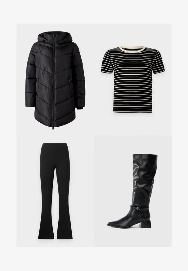 VILA Puffer VIMILJA Hooded - Talvemantel - black beauty; Mustriline must-valge triibuline lühikeste varrukatega T-särk, millel on sooniktekstuur ja ümmargune kaelus. Triibud on ühtlaselt ja horisontaalselt jaotatud.; Mustad ribaga vingerdatud püksid kõrge vöökohaga. Pehme, elastne materjal loob keha järgiva silueti ja vingerdatud alaosas stiili ning mugavuse.; Mustad pahklu üllaga nahast saapad madala blokeeringuga, terava toe ja dekoratiivse pahkluu rihmaga, millel on hõbedane tõmblukk, ühel tasase taustal.