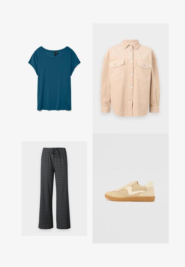 Beige corduroy overhemd met knopen, lange mouwen, twee borstzakken met knoopkleppen en een klassieke kraag.; Teal t-shirt met korte mouwen en een ronde halslijn, gemaakt van zachte stof, met een ontspannen pasvorm en een gladde textuur.; Zwart-witte horizontaal gestreepte wijde broek met elastische tailleband en vooraan een trekkoord.; Beige sneaker van suede en mesh materialen, ronde vorm, opvallende gepolsterde kraag en een gumrubberen zool. Kenmerkt zich door een golvend ontwerp accent.