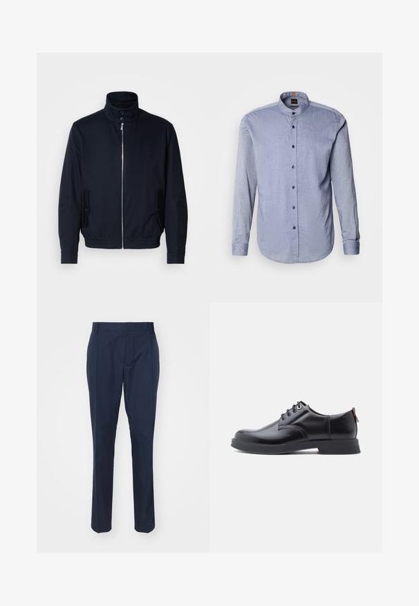 Marineblaue Jacke mit hohem Kragen, Vorderreißverschluss, seitlichen Taschen und gerippten Bündchen. Glatte Textur mit einem dezenten Logodetail auf der Brust.; Hemd mit knöpfbarem Kragen aus hellblauem Stoff, mit Stehkragen, langen Ärmeln und dunkelblauen Knöpfen. Weiche Textur mit dezentem Muster.; Navyblaue Hose aus glattem Stoff mit taillierter Passform, zwei Fronttaschen und einer Bügelfalte an jedem Bein für einen eleganten Look.; Schwarze Leder-Schnürschuhe mit glatter Textur, rundem Zehenbereich und dezenten Ziernähten. Mit einem roten Laschenband an der Ferse.