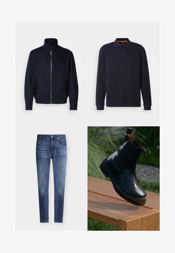Marineblauwe jas met hoge kraag, voorsluiting met rits, zijzakken en ribgebreide manchetten. Gladde textuur met een subtiele logo-detail op de borst.; Marineblauwe longsleeve polo-shirt van gestructureerde stof met een knoopsluiting bij de hals. Bevat een klein geborduurd logo op de borst.; Heren slim fit blauwe denim jeans met klassieke vijfzakkenstijl en lichte vervaging op dijen en knieën, knoop- en ritssluiting.; Zwarte leren Chelsea-boot met een gladde afwerking, elastische zijkanten, ronde neus en dikke rubberen zool, gepositioneerd boven een houten oppervlak.
