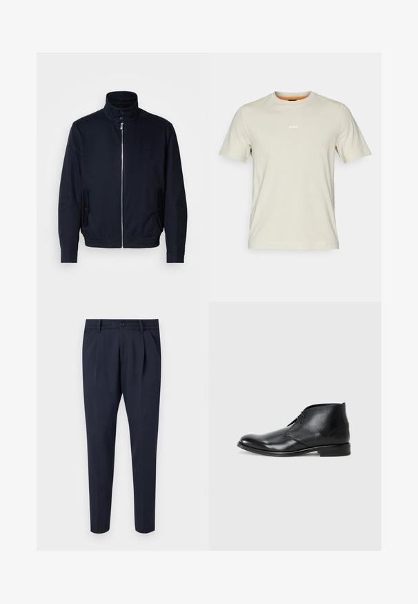 Marineblå jakke med høj krave, frontlynlås, sidelommer og ribstrikkede manchetter. Glat tekstur med en diskret logo detaljer på brystet.; Beige bomulds t-shirt med korte ærmer, rund halsudskæring og hvid "BOSS" logo på brystet. Glat tekstur, afslappet pasform.; Marinebukser lavet af glat stof, med pile, lynlås- og knaplukning, sidelommer og en tætsiddende ben-design.; Sort læder ankelstøvle med to huller, rund tå, lav stakket hæl og enkelt syningsdetalje, vist i sideprofil på hvid baggrund.
