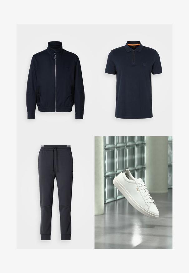Marineblauwe jas met hoge kraag, voorsluiting met rits, zijzakken en ribgebreide manchetten. Gladde textuur met een subtiele logo-detail op de borst.; Marine polo shirt met een ritskraag, voorzien van een kleine logo patch op de borst en korte mouwen. Gemaakt van een katoenmix met een soepele textuur.; Donkergrijze trainingsbroek met een trekkoord in de taille, tapered benen en zijzakken. Glad textuur en minimalistisch ontwerp.; Witte leren lage sneaker met veters, zwarte hielstrook en "BOSS"-logo, zwevend binnenshuis bij een glazen stenen muur en gepolijste vloer.
