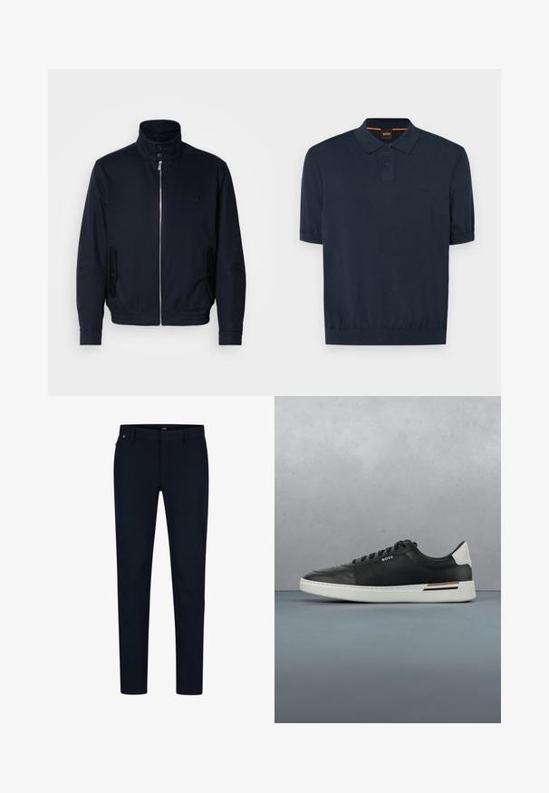 Marineblå jakke med høj krave, frontlynlås, sidelommer og ribstrikkede manchetter. Glat tekstur med en diskret logo detaljer på brystet.; Marineblå polo t-shirt med kort ærmer, lavet af en bomuldsblanding. Har en to-knaps stolpe og broderet logo på brystet.; Marinebukser lavet af glat stof, med en slim fit, bæltestropper og en skjult lynlås. Ingen bemærkelsesværdige mønstre eller accenter.; Sort lædersneaker med hvid sål, har perforeringer, snørebåndsdesign, logo på siden og kontrasterende hældetalje i hvid og brun.