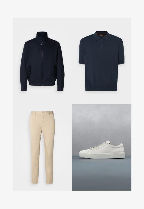 Veste bleu marine avec un col haut, fermeture éclair à l'avant, poches latérales et poignets côtelés. Texture lisse avec un détail logo subtil sur la poitrine.; Polo shirt bleu marine à manches courtes, en mélange de coton. Présente un col à boutons deux boutons et un logo brodé sur la poitrine.; Chinos en coton beige avec une coupe droite, dotés d'une fermeture à bouton et de poches avant. Texture lisse sans motifs ni accents visibles.; Baskets en cuir blanc avec un bout arrondi, design minimaliste, lacets gris et semelle en caoutchouc gris texturé. Détails de couture subtils visibles.