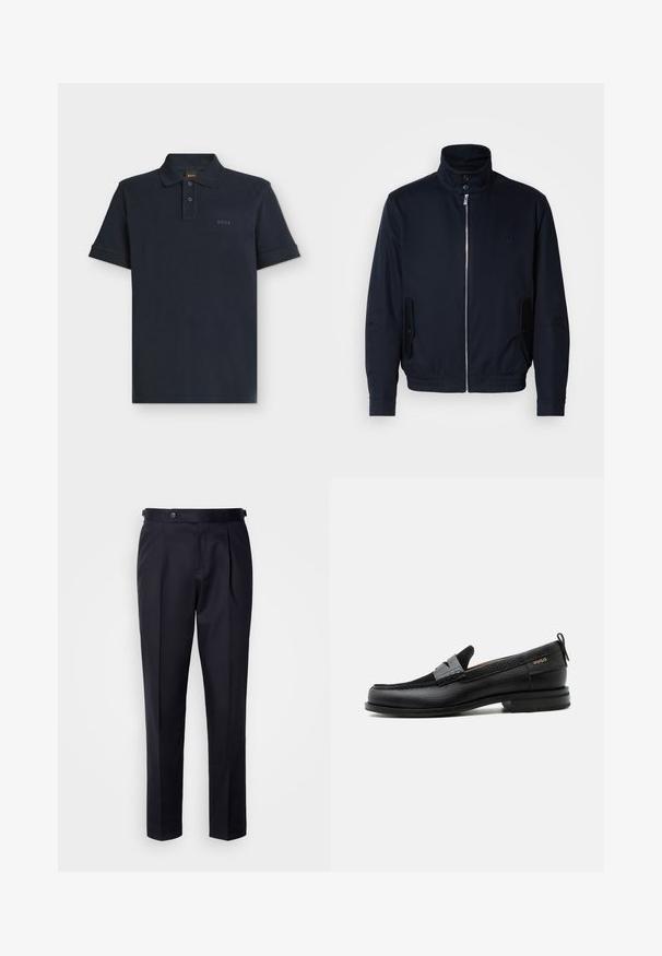 Veste bleu marine avec un col haut, fermeture éclair à l'avant, poches latérales et poignets côtelés. Texture lisse avec un détail logo subtil sur la poitrine.; Polo bleu marine à manches courtes avec patte de boutonnage deux boutons et logo discret "BOSS" sur la poitrine gauche.; Pantalon de costume bleu marine en tissu lisse, avec devant plissé, jambes droites et ceinture à fermeture par bouton.; Mocassin en cuir noir avec détail de bride grise, talon bas et semelle texturée, marqué "HUGO" en or sur le côté.