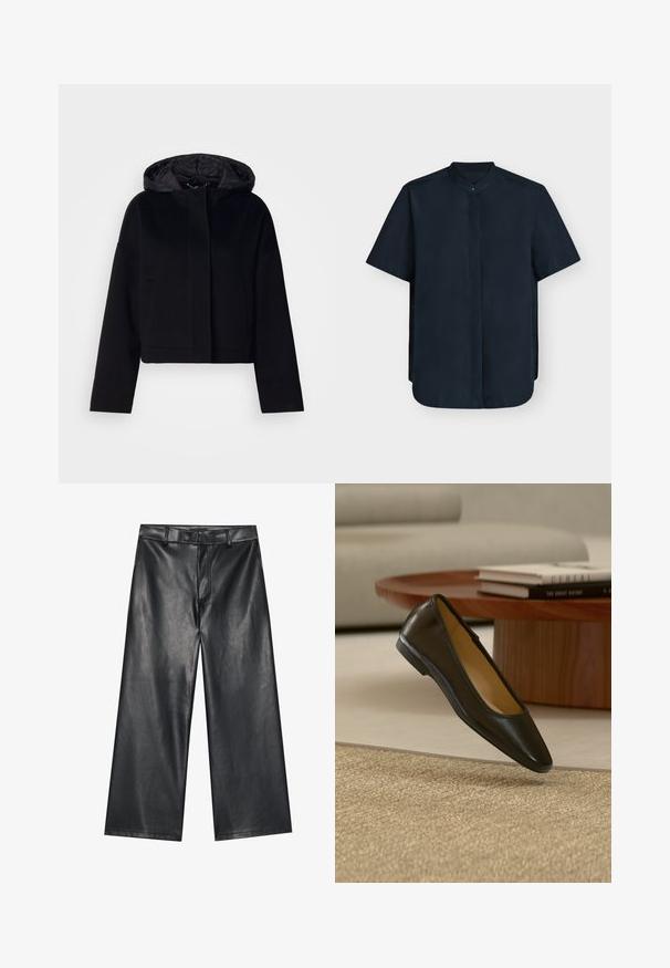 Abrigo negro corto con capucha, presenta un exterior liso, cierre frontal y bolsillos laterales. El forro interior parece acolchado.; Camisa azul marino de manga corta con cuello mandarín y tapeta de botones oculta, mostrada sobre un fondo blanco.; Pantalones de cuero negro de pernera ancha con una textura suave, lazos para cinturón y cremallera frontal. Presenta un ajuste holgado y detalles de costura limpios.; Zapato plano de cuero negro con punta cuadrada redondeada sobre una alfombra beige tejida, con mesa de café de madera y libros apilados en el fondo.
