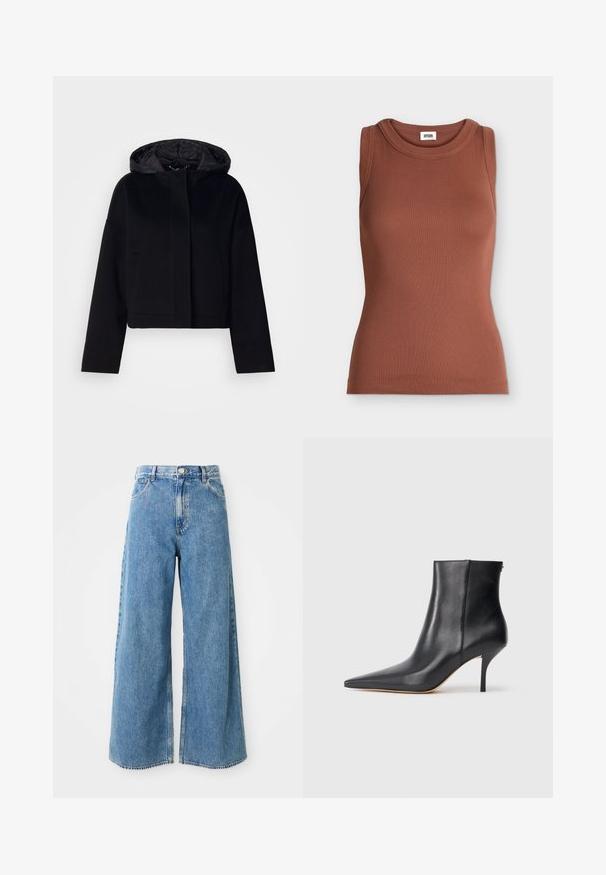 Zwart kort jasje met capuchon, met een gladde buitenkant, voorzijde sluiting en zijzakken. De binnenvoering lijkt doorgestikt te zijn.; Bruine mouwloze slim-fit geribde tanktop met ronde hals en merklabel binnenin de kraag.; Hoge taille lichtblauwe wijde spijkerbroek met knoop aan de voorkant, ritsluiting en voorzakken op een witte achtergrond.; Zwarte leren enkelboot met een spitse neus, slanke stilettohak en een strakke, gladde afwerking. Ritssluiting aan de achterkant.