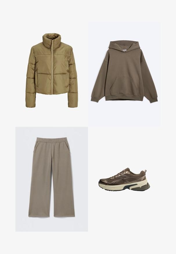 Lichtbruine korte pufferjas met hoge kraag, horizontale stiksels, lange mouwen en ritssluiting aan de voorkant.; Bruine oversized hoodie met kangaroovak aan de voorkant en geribbelde manchetten, getoond op een effen lichte achtergrond.; Taupekleurige wijde broek met elastische tailleband en zijzakken, plat liggend op een lichte achtergrond.; Bruine mesh sportschoen met beige dikke zool en zwarte profiel, gedetailleerde zijstrepen en veters, gezien vanaf de buitenkant.