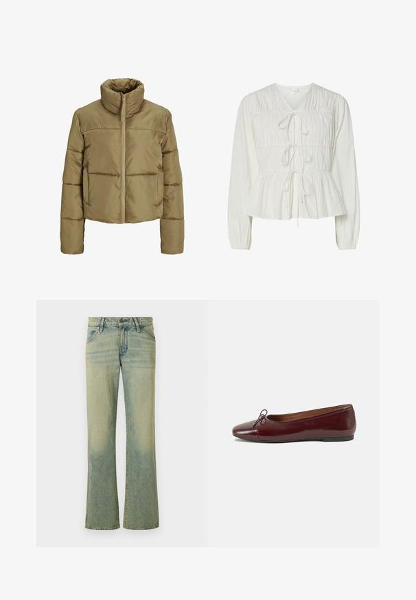 Lysebrun cropped dunjakke med høj krave, vandrette syninger, lange ærmer og front lynlåslukning.; Hvid langærmet bluse med tre frontknytningslukninger, samlede stofdetaljer, elastiske manchetter og en peplum-stil kant.; Lyseblå denimjeans med et flagrende ben-design, der har fem lommer og subtil falmning. Stoffet har en glat tekstur og en klassisk knaplukning.; Bordeaux patentlæder balletflad med rund tå, lille sløjfeaccent foran og en lav, sort gummisål. Glat tekstur.