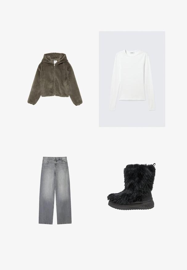 Olijfgroene nep-bonten hoodie met een ritssluiting, een zachte textuur, lange mouwen en een capuchon. Voorzien van een rits aan de voorkant en een cropped ontwerp.; Effen wit shirt met lange mouwen en ronde hals, slim fit, afgebeeld tegen een lichtgrijze achtergrond.; Wijduitlopende grijze denim jeans met een licht vervaagde afwerking, voorzien van vijf zakken, een knoopsluiting aan de voorkant en lussen voor een riem.; Zwarte faux fur enkellaars met een dikke zwarte rubberen zool en een gestructureerd oppervlak. Voorzien van een trekflap aan de achterkant voor gemakkelijk aan- en uittrekken.