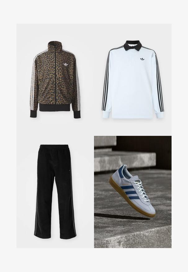 Brun og sort leopardprint zip-up jakke med hvide tre-stribede detaljer på ærmerne og en sort ribkant. Klassisk Adidas-logo.; Lyseblå langærmet poloshirt med sort krave, tre sorte striber på ærmerne og et lille sort logo på brystet.; Sorte fløjl bukser med en afslappet pasform, der har en elastisk talje og sidelister. Glat tekstur med lodret ribbet detalje.; Lyseblå Adidas Spezial sneakers med marineblå striber og gummisål, vist i luften over betontrapper i et neutralt udendørsmiljø.