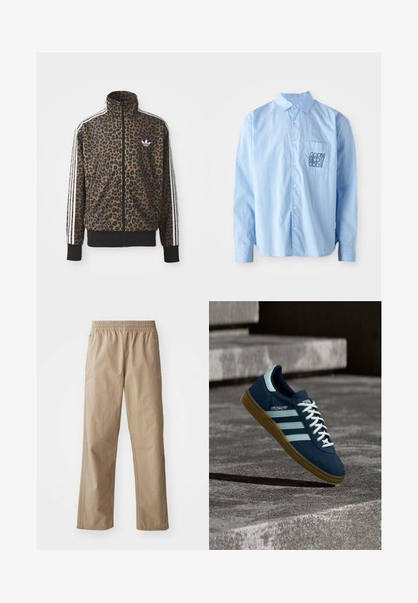 Kapsička s leopardím vzorom so zipsom v hnedej a čiernej farbe, s bielymi tromi pásikmi na rukávoch a čiernym rebrovaným lemom. Klasické logo Adidas.; Svetlomodrá pruhovaná košeľa s dlhým rukávom, ktorá má náprsné vrecko s výšivkou "OBEY" v tučnom čiernom písmene.; Béžové ľahké nohavice s elastickým pásom, rovnými nohavicami a bočnými vreckami. Hladká textúra s jemnými švami.; Modré tenisky Adidas Spezial s bielymi pruhmi a šnúrkami, gumovou podrážkou, plávajúce nad drsným betónovým povrchom a schodmi v pozadí.