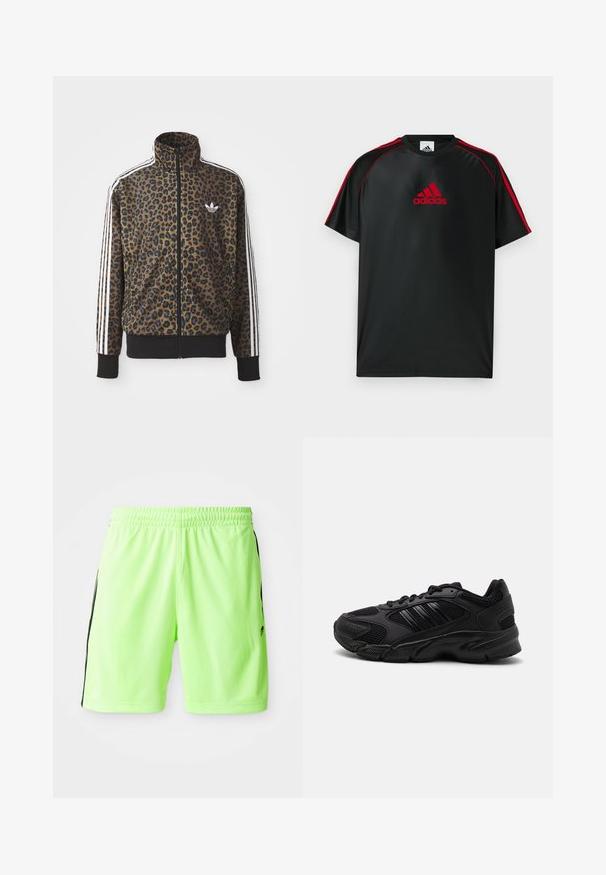 Kapsička s leopardím vzorom so zipsom v hnedej a čiernej farbe, s bielymi tromi pásikmi na rukávoch a čiernym rebrovaným lemom. Klasické logo Adidas.; Čierne atletické tričko s červenými akcentmi a logom. Vyrobené z hladkej, ľahkej látky. Má okrúhly výstrih a krátke rukávy.; Neon zelené športové šortky s elastickým pásom, s čiernymi bočnými pruhmi a ľahkým, priedušným materiálom.; Čierne športové topánky s kombináciou priedušnej sieťoviny a syntetických materiálov. Výrazná štruktúrovaná podrážka a tri čierne pruhy na strane.