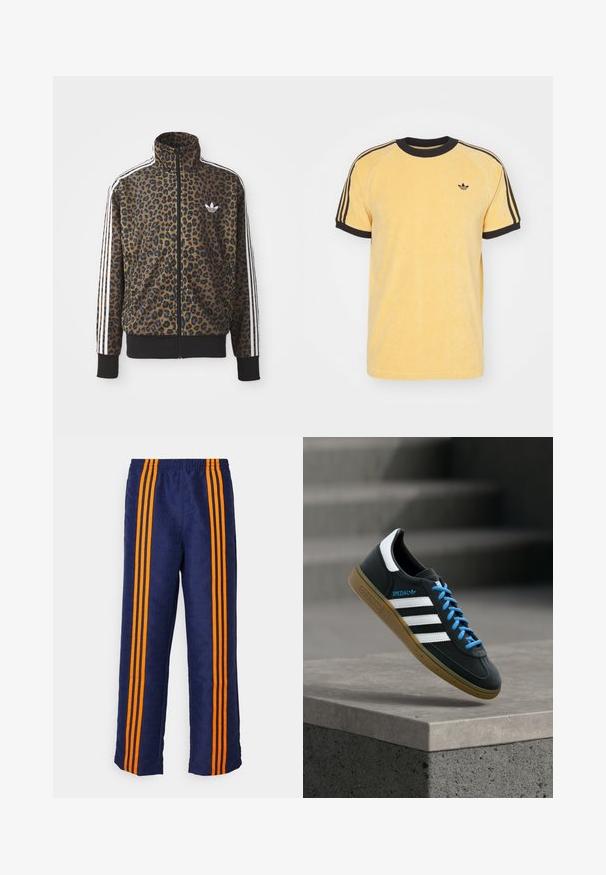 Kapsička s leopardím vzorom so zipsom v hnedej a čiernej farbe, s bielymi tromi pásikmi na rukávoch a čiernym rebrovaným lemom. Klasické logo Adidas.; adidas Originals CALI TEE - Tričko s potlačou - oat; Námornícke modré nohavice s celoplošnou vzorovanou textúrou a tromi výraznými oranžovými pruhmi na každej strane. Elastická pásová časť v hornej časti.; Čierna teniska Adidas s bielymi pruhmi, modrými šnúrkami a gumovou podrážkou, ktorá sa vznáša nad sivým betónovým schodom v mäkkom svetle.