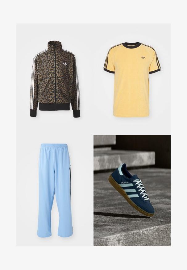 Kapsička s leopardím vzorom so zipsom v hnedej a čiernej farbe, s bielymi tromi pásikmi na rukávoch a čiernym rebrovaným lemom. Klasické logo Adidas.; adidas Originals CALI TEE - Tričko s potlačou - oat; Svetlo modré športové nohavice vyrobené z hladkej látky, s elastickým pásom a kontrastnými čiernymi bočnými pruhmi.; Modré tenisky Adidas Spezial s bielymi pruhmi a šnúrkami, gumovou podrážkou, plávajúce nad drsným betónovým povrchom a schodmi v pozadí.