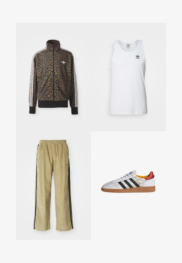 Chaqueta con estampado de leopardo en marrón y negro, con acentos en blanco de tres rayas en las mangas y un dobladillo acanalado negro. Logo clásico de Adidas.; Top sin mangas blanco con canalé y escote redondo, logo negro de Adidas en el lado izquierdo del pecho. Material de algodón suave, corte casual.; Pantalones de pana beige con cintura elástica, con franjas laterales negras. La tela tiene una textura acanalada y es ligeramente acampanada en el fondo.; Zapatilla Adidas Spezial blanca con rayas negras, suela de goma, patrón acolchado, lengüeta roja en el talón y forro interior amarillo, vista lateral.