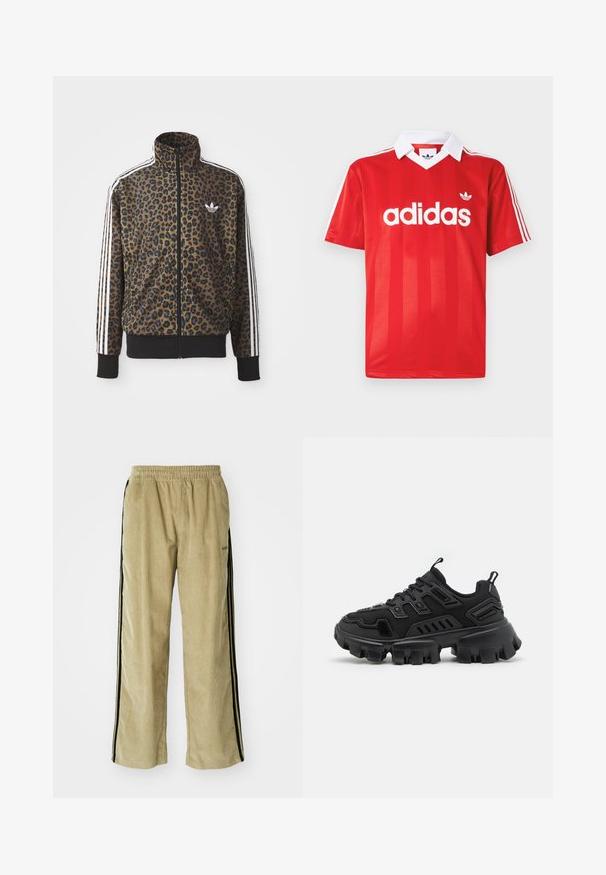 Kapsička s leopardím vzorom so zipsom v hnedej a čiernej farbe, s bielymi tromi pásikmi na rukávoch a čiernym rebrovaným lemom. Klasické logo Adidas.; Červený športový dres Adidas s bielym golierom, tromi bielymi pruhmi na rukávoch a logom Adidas uprostred na hrudi.; Bežové kordové nohavice s elastickým pásom, s čiernymi bočnými pruhmi. Tkanina má ryhovanú textúru, na spodnej strane sú mierne rozšírené.; Čierna atletická obuv s textúrovanou gumovou podrážkou, viacvrstvovými dizajnovými prvkami a vystuženými akcentmi. Obsahuje šnúrky a ťahaciu pätu.