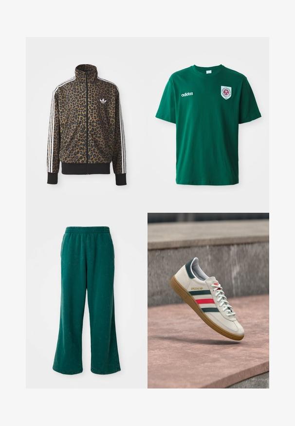 Kapsička s leopardím vzorom so zipsom v hnedej a čiernej farbe, s bielymi tromi pásikmi na rukávoch a čiernym rebrovaným lemom. Klasické logo Adidas.; Zelené bavlnené tričko s okrúhlym výstrihom, krátkymi rukávmi, logom Adidas na ľavej strane a kruhovou nášivkou s červeným dizajnom na pravej strane.; Zelené široké teplákové nohavice s mäkkou textúrou, s elastickým pásom a bočnými vreckami. Odolný materiál s voľným strihom.; Biely Adidas teniska so zelenými a červenými pruhmi, gumovou podrážkou a označením "SPEZIAL", vznášajúci sa nad kamennou dlažbou.
