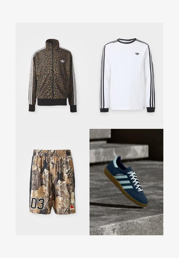 Veste zippée en imprimé léopard brun et noir, avec des accents blancs à trois bandes sur les manches et un ourlet côtelé noir. Logo classique d'Adidas.; Chemise blanche Adidas à manches longues avec col rond noir, poignets noirs, trois bandes noires le long des manches et logo trèfle noir sur la poitrine.; Shorts camouflés avec une taille élastique, présentant un mélange de marrons et de noirs, un grand "03" en blanc et un logo Adidas en rouge.; Baskets Adidas Spezial bleues avec des rayures et des lacets blancs, semelle en gomme, flottant au-dessus d'une surface en béton rugueuse et des marches en arrière-plan.