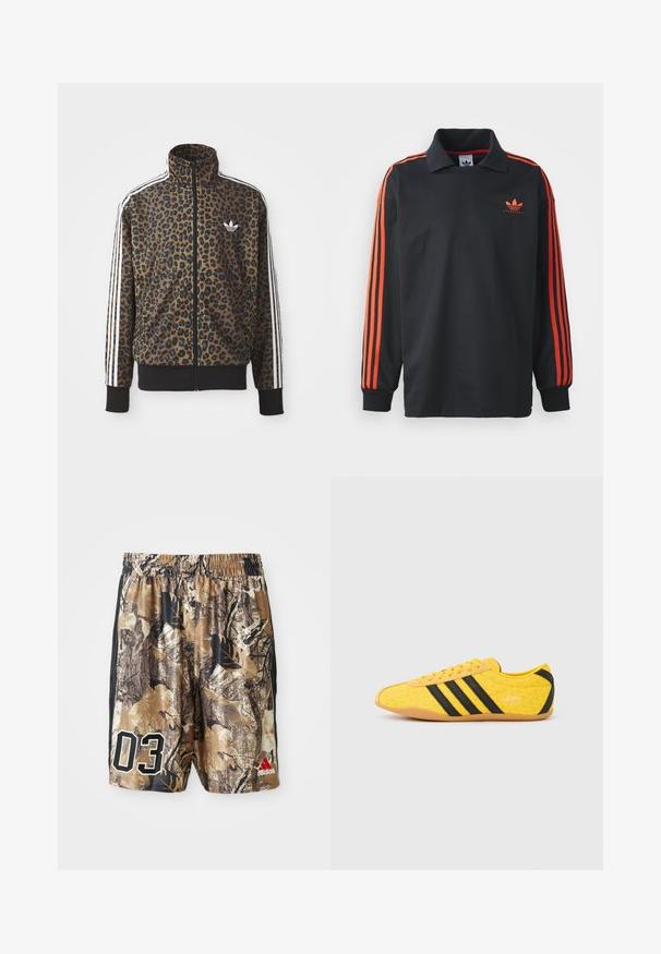 Veste zippée en imprimé léopard brun et noir, avec des accents blancs à trois bandes sur les manches et un ourlet côtelé noir. Logo classique d'Adidas.; Polo noir à manches longues avec col, présentant des rayures rouges sur les manches et un petit logo rouge sur la poitrine. Texture de tissu douce.; Shorts camouflés avec une taille élastique, présentant un mélange de marrons et de noirs, un grand "03" en blanc et un logo Adidas en rouge.; Chaussure de sport jaune avec une tige texturée, présentant des rayures et un logo noirs. Bout arrondi, semelle souple et motif en zigzag sur le matériau.