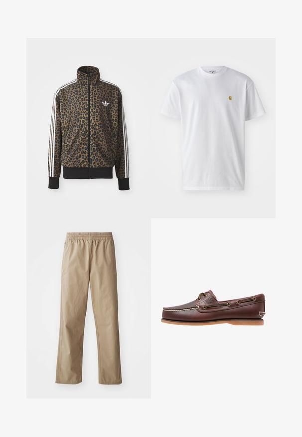 Kapsička s leopardím vzorom so zipsom v hnedej a čiernej farbe, s bielymi tromi pásikmi na rukávoch a čiernym rebrovaným lemom. Klasické logo Adidas.; Biele bavlnené tričko s krátkymi rukávmi, okrúhlym výstrihom, s malým zlatým logom na ľavej strane hrude. Mäkká textúra a normálny strih.; Béžové ľahké nohavice s elastickým pásom, rovnými nohavicami a bočnými vreckami. Hladká textúra s jemnými švami.; Hnedá kožená lodná topánka s bielym prešívaním, detailmi na šnúrky a svetlohnedou gumovou podrážkou, zobrazená z boku na bielom pozadí.