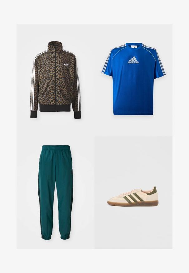 Kapsička s leopardím vzorom so zipsom v hnedej a čiernej farbe, s bielymi tromi pásikmi na rukávoch a čiernym rebrovaným lemom. Klasické logo Adidas.; Modré športové tričko Adidas s bielym logom na hrudi, bielymi pruhmi na ramenách a neónovo žltým lemovaním na švových ramenách.; Tyrkysové športové nohavice s viazaním v páse, elastickými manžetami a bočnými čiernymi pruhmi. Vyrobené z ľahkej tkaniny, s logom blízko bedra.; Nízky béžový tenisky Adidas Spezial so zelenými pruhmi, gumovou podrážkou a nápisom „SPEZIAL“ na boku, zobrazené z vonkajšej strany.