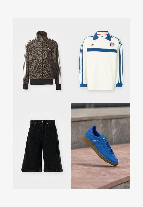 Chaqueta con estampado de leopardo en marrón y negro, con acentos en blanco de tres rayas en las mangas y un dobladillo acanalado negro. Logo clásico de Adidas.; Camiseta deportiva de manga larga blanca con cuello azul, rayas azules en las mangas, franja azul en el pecho, logo rojo y un emblema de escudo con estrellas en el pecho.; Pantalones cortos de mezclilla negros con un diseño de pierna ancha, que cuentan con una cintura alta, pasadores para cinturón y bolsillos delanteros. Detalles de costura y herrajes minimalistas.; Zapatilla Adidas Spezial azul con suela de goma, cordones atados, suspendida sobre una superficie de piedra lisa cerca de una pared de hormigón gris.