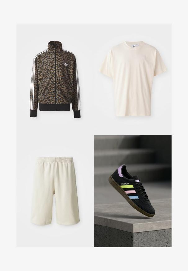 Chaqueta con estampado de leopardo en marrón y negro, con acentos en blanco de tres rayas en las mangas y un dobladillo acanalado negro. Logo clásico de Adidas.; Camiseta de algodón color crema con cuello redondo y mangas cortas; presenta un pequeño logo de color claro en el pecho.; Pantalones cortos deportivos de color beige claro con una cintura elástica, textura suave y un sutil detalle del logo en la parte inferior izquierda. Sin bolsillos.; Zapatilla Adidas Spezial negra con rayas en amarillo pastel, rosa y azul, lengüeta trasera lavanda y suela marrón, flotando sobre un bordillo de cemento.