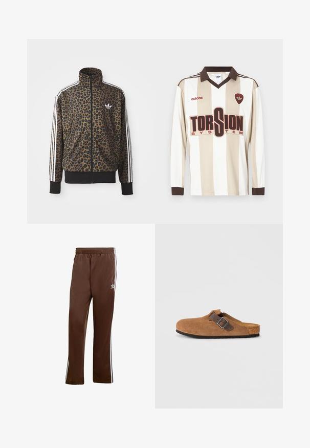 Kapsička s leopardím vzorom so zipsom v hnedej a čiernej farbe, s bielymi tromi pásikmi na rukávoch a čiernym rebrovaným lemom. Klasické logo Adidas.; Futbalový dres s dlhým rukávom v béžovej a bielej pruhovanej farbe; má hnedý golier a manžety, veľké červené logo "TORSION SYSTEM" a branding adidas.; Hnedé športové nohavice z hladkej tkaniny, s bielymi bočnými pruhmi a elastickým pásom. Obsahujú vrecká na oboch stranách.; Hnedé semišové klobúky s nastaviteľným hnedým koženým remienkom a striebornou sponou, s tvarovanou korkovou stielkou a textúrovanou gumovou podrážkou.