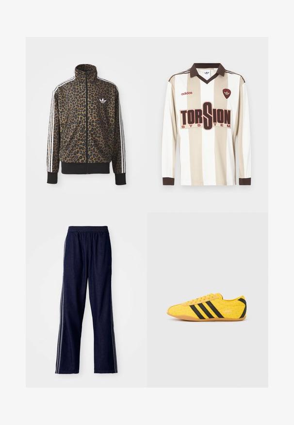 Barna és fekete leopárdmintás zipzáras dzseki, fehér háromsávos díszítéssel az ujjakon és fekete bordás aljjal. Klasszikus Adidas logó.; Hosszú ujjú bézs és fehér csíkos futballmez; barna gallérral és mandzsettával, nagy piros "TORSION SYSTEM" logóval és adidas márkajelzéssel.; Tengeri kék sportnadrág rugalmas derékkal, három fehér oldalsávval és egyenes lábformával. Puha farmer textúra.; Sárga sportcipő texturált felsőrésszel, fekete csíkokkal és logóval. Kerek orr, puha talp és cikkcakk mintázat az anyagon.
