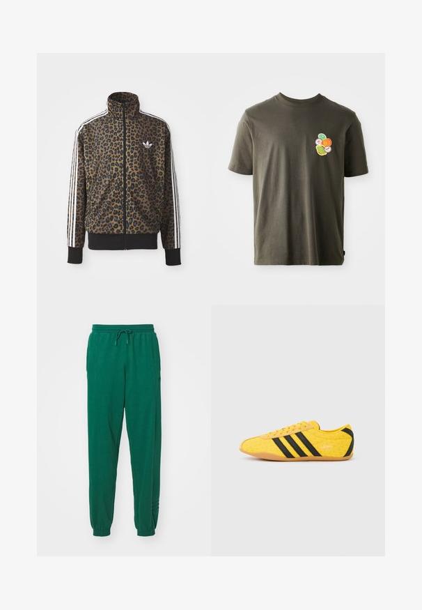 Brun og sort leopardprint zip-up jakke med hvide tre-stribede detaljer på ærmerne og en sort ribkant. Klassisk Adidas-logo.; Mørkeolivengrøn bomulds t-shirt med rund hals. Har et farverigt trykt design af cirkulære former på venstre brystområde.; Grønne bomuldsjoggers med snøre i taljen, elastiske manchetter og sidelommer. Stoffet ser blødt ud med en glat overflade.; Gul atletiksko med en tekstureret overdel, der har sorte striber og logo. Rundt tå, blød sål og zigzag-mønster på materialet.