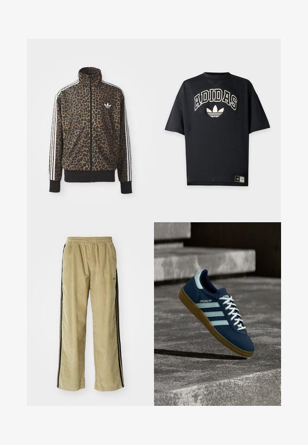 Leopardimustriga lukuga jakke pruunis ja mustas, millel on valged kolmetriibulised aktsendid varrukatel ja must ribakangast äär. Klassikaline Adidas logo.; Must Adidas lühikeste varrukatega spordisärk perforatsiooniga kangaga, valge Adidas tekst ja kolmelehelise logo eestpoolt ning kaubamärgiga silt ääre lähedal.; Beige korduroy püksid elastse vöökohtaga, mustade külgtriipudega. Kanga pind on sooniline ja allosas kergelt laienev.; Sinine Adidas Spezial tennisk, valgete triipude ja paeltega, kummist tallaga, hõljub kareda betoonpinna ja sammude kohal taustal.