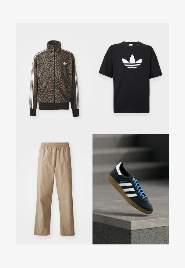 Kapsička s leopardím vzorom so zipsom v hnedej a čiernej farbe, s bielymi tromi pásikmi na rukávoch a čiernym rebrovaným lemom. Klasické logo Adidas.; Čierne bavlnené tričko s krátkymi rukávmi, na ktorom sa nachádza veľké biele logo Adidas a tri horizontálne pruhy na dolnej časti. Klasický dizajn s kruhovým výstrihom.; Béžové ľahké nohavice s elastickým pásom, rovnými nohavicami a bočnými vreckami. Hladká textúra s jemnými švami.; Čierna teniska Adidas s bielymi pruhmi, modrými šnúrkami a gumovou podrážkou, ktorá sa vznáša nad sivým betónovým schodom v mäkkom svetle.