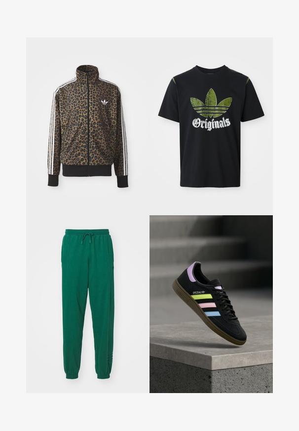Ruskean ja mustan leopardiprintin vetoketjullinen takki, jossa on valkoiset kolme viiru-aksenttia hihoissa ja musta ribattua helmaa. Klassinen Adidas-logo.; Mustat puuvillapaitat, jossa on kulunut vihreä grafiikka, jossa on kolme raitaa ja sanan "Originals" alla valkoisella, pyöreä pääntie, lyhyet hihat.; Vihreät puuvillajoggersit, joissa on naru- ja elastinen vyötärö, elastiset hihansuut ja sivutaskut. Kangas näyttää pehmeältä ja sileältä.; Musta Adidas Spezial -lenkkari, jossa pastellin keltaiset, vaaleanpunaiset ja siniset raidat, laventelinvärinen kantalenkki ja ruskea pohja, leijuu betonireunan yläpuolella.