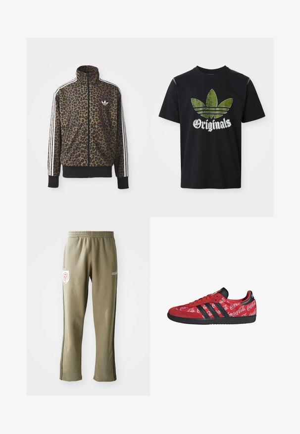 Chaqueta con estampado de leopardo en marrón y negro, con acentos en blanco de tres rayas en las mangas y un dobladillo acanalado negro. Logo clásico de Adidas.; Camiseta de algodón negra con un gráfico verde desgastado que presenta tres rayas y la palabra "Originales" debajo en blanco, cuello redondo, mangas cortas.; Pantalones deportivos de color verde oliva con cintura elástica, bolsillos laterales, rayas negras a los lados y un parche de logo en el muslo.; Zapatilla roja Adidas con rayas negras y suela, con logotipos blancos de Coca-Cola por toda la parte superior de tela.