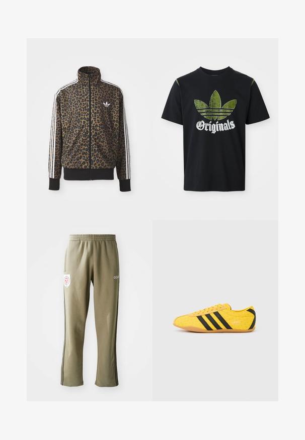 Leopardenmuster Zip-Jacke in Braun und Schwarz, mit weißen drei Streifen Akzenten an den Ärmeln und einem schwarzen gerippten Saum. Klassisches Adidas-Logo.; Schwarzes Baumwoll-T-Shirt mit einem abgenutzten grünen Grafikdesign, das drei Streifen zeigt, sowie dem Wort "Originals" darunter in Weiß. Rundhalsausschnitt, kurze Ärmel.; Olivgrüne Jogginghosen mit einem elastischen Bund, Seitentaschen, schwarzen seitlichen Streifen und einem Logo-Patch am Oberschenkel.; Gelber Sportschuh mit strukturiertem Obermaterial, verziert mit schwarzen Streifen und Logo. Abgerundete Spitze, weiche Sohle und Zickzackmuster auf dem Material.
