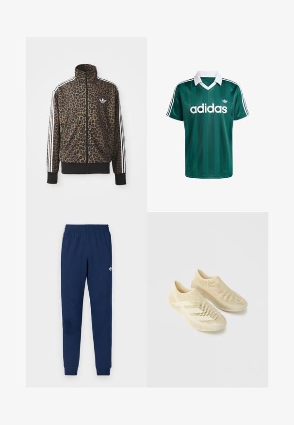 Brun og sort leopardprint zip-up jakke med hvide tre-stribede detaljer på ærmerne og en sort ribkant. Klassisk Adidas-logo.; Grønstribet Adidas-trøje med hvid krave og tre hvide skulderstriber. Har et markant hvidt logo på fronten.; Mørkeblå sweatpants med snøre i taljen, sidelommer og tre hvide striber langs siderne. Har et lille hvidt logo.; Par beige slip-on sko med et netlignende, gitterstruktur og tre stribedetaljer på en ensartet lysegrå baggrund.