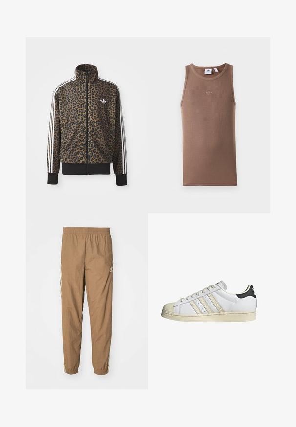Kapsička s leopardím vzorom so zipsom v hnedej a čiernej farbe, s bielymi tromi pásikmi na rukávoch a čiernym rebrovaným lemom. Klasické logo Adidas.; Hnedý bezrukávový tielko s rebrovanou textúrou a okrúhlym výstrihom. Obsahuje malé vyšívané logo umiestnené na hrudi.; Hnedé teplákové nohavice vyrobené z ľahkej tkaniny, s elastickým pásom, zúženými nohavicami a bielymi bočnými pruhmi. Žiadne viditeľné vrecká.; Biele kožené tenisky s čiernym akcentom na päte, tromi béžovými pruhmi, textúrovanou špičkou a svetlou gumovou podrážkou, ktorá má perforácie pre priedušnosť.