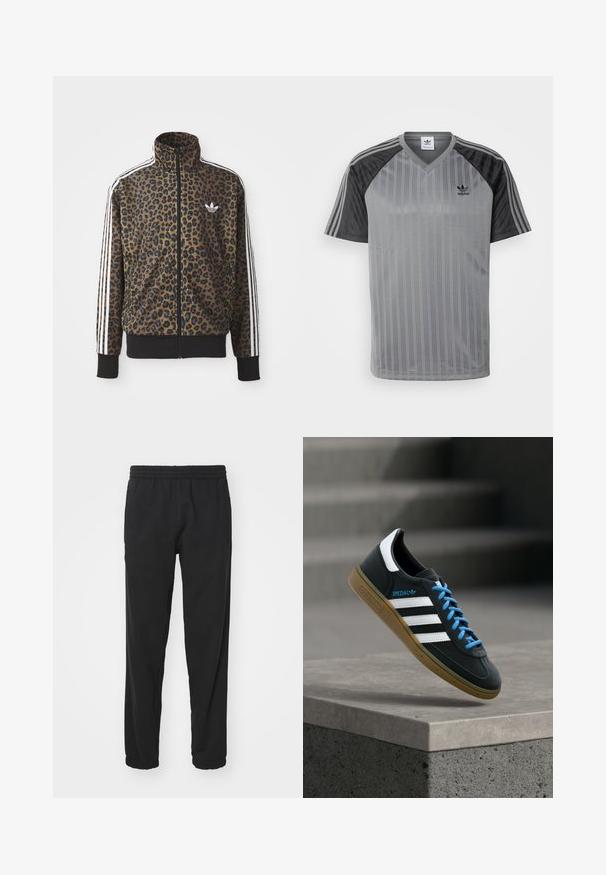 Brun og sort leopardprint zip-up jakke med hvide tre-stribede detaljer på ærmerne og en sort ribkant. Klassisk Adidas-logo.; adidas Originals T-shirts print - black/grey; Sorte letvægts joggerbukser med elastisk talje, tætsiddende ben, samlede manchetter og sidelommer for øget funktionalitet.; Sort Adidas sneaker med hvide striber, blå snørebånd og gummisål, der svæver over gråt betontrin i blødt lys.