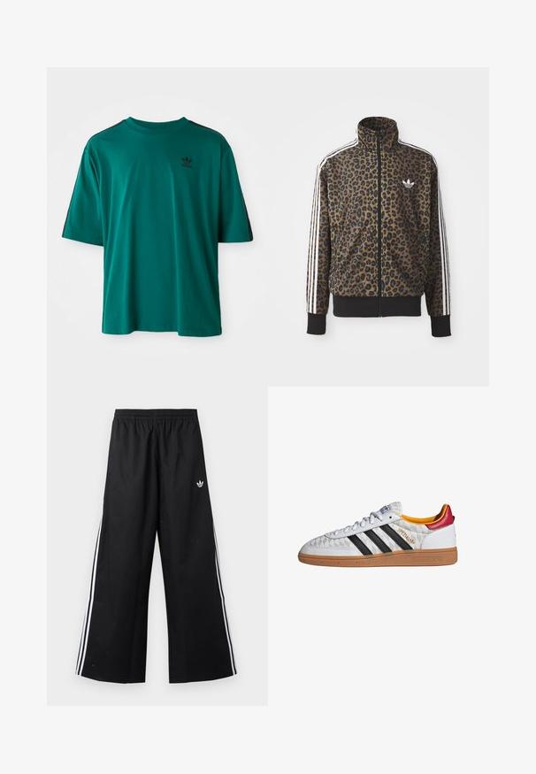 Chaqueta con estampado de leopardo en marrón y negro, con acentos en blanco de tres rayas en las mangas y un dobladillo acanalado negro. Logo clásico de Adidas.; Camiseta de algodón en color verde azulado, con mangas cortas, cuello redondo y rayas laterales negras. Presenta un pequeño logotipo negro en el pecho.; Pantalones deportivos negros de pierna ancha con cintura elástica, rayas blancas laterales y pequeño logo Adidas trefoil en la cadera derecha.; Zapatilla Adidas Spezial blanca con rayas negras, suela de goma, patrón acolchado, lengüeta roja en el talón y forro interior amarillo, vista lateral.