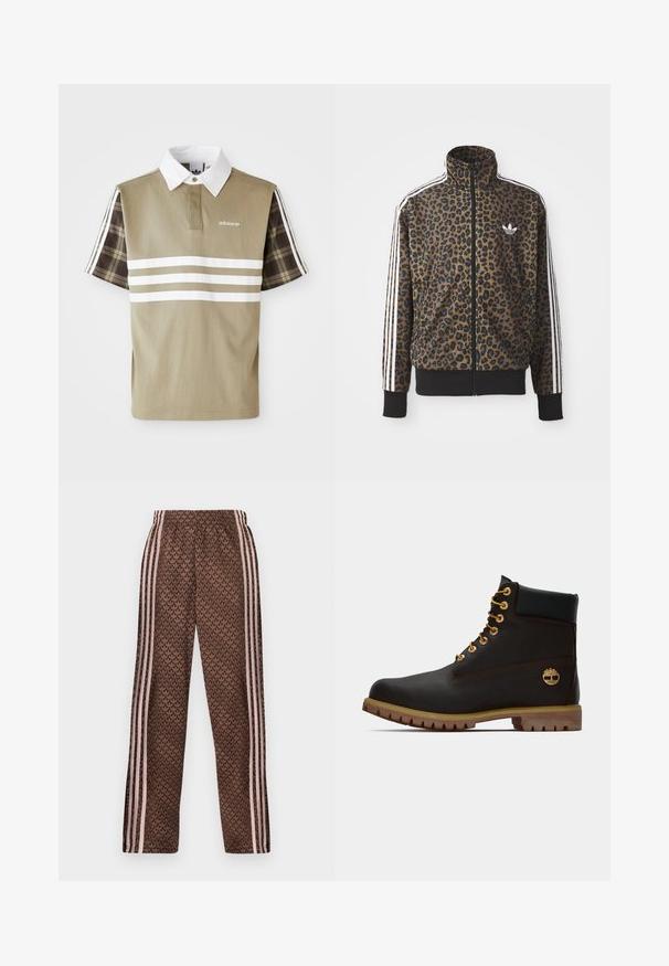 Brun og sort leopardprint zip-up jakke med hvide tre-stribede detaljer på ærmerne og en sort ribkant. Klassisk Adidas-logo.; Polo skjorte i olivengrøn med hvide striber og et ternet mønster på de korte ærmer. Har en hvid krave og logo på brystet.; Brune træningsbukser med lyserøde lodrette striber på siderne og et gentaget løvmønster over det hele, elastisk talje, lige ben pasform.; Sorte læder ankelstøvle med gyldne øjer, brune detaljer og gummisål. Har en polstret krave og præget logo på siden.
