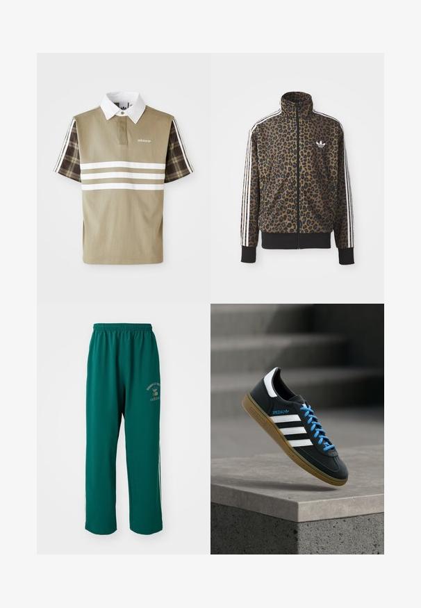 Brun og sort leopardprint zip-up jakke med hvide tre-stribede detaljer på ærmerne og en sort ribkant. Klassisk Adidas-logo.; Polo skjorte i olivengrøn med hvide striber og et ternet mønster på de korte ærmer. Har en hvid krave og logo på brystet.; Grønne træningsbukser lavet af glat stof, med elastisk talje, logo print på den ene side og hvide sidelister. Normal pasform.; Sort Adidas sneaker med hvide striber, blå snørebånd og gummisål, der svæver over gråt betontrin i blødt lys.