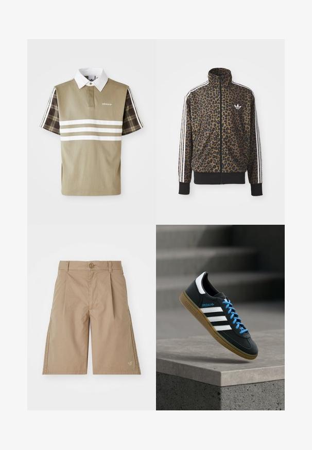 Kapsička s leopardím vzorom so zipsom v hnedej a čiernej farbe, s bielymi tromi pásikmi na rukávoch a čiernym rebrovaným lemom. Klasické logo Adidas.; Polo tričko v olivovej zelenej farbe s bielymi pruhmi a károvaným vzorom na krátkych rukávoch. Obsahuje biely golier a logo na hrudi.; Béžové bavlnené kraťasy so strihaním do rovna, prednými skladmi a jedným gombíkom na zapínanie. Obsahujú diskrétnu logo na dolnej ľavej strane.; Čierna teniska Adidas s bielymi pruhmi, modrými šnúrkami a gumovou podrážkou, ktorá sa vznáša nad sivým betónovým schodom v mäkkom svetle.