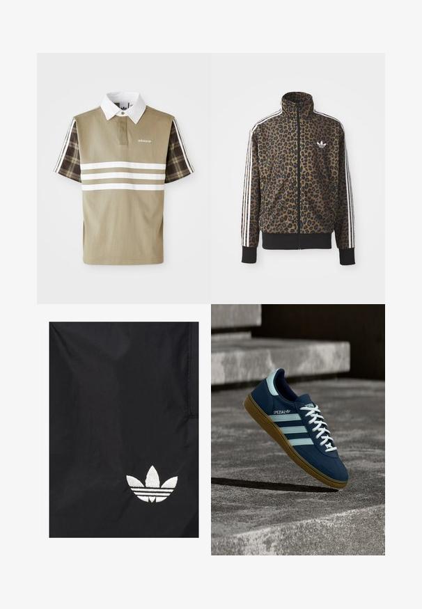 Leopardimustriga lukuga jakke pruunis ja mustas, millel on valged kolmetriibulised aktsendid varrukatel ja must ribakangast äär. Klassikaline Adidas logo.; Olive rohelises polo särk, millel on valged triibud ja lühi varrukatel ruuduline muster. Omab valget kraed ja logo rinnal.; Must riie musta Adidas trefoil-logo valge tikandiga alumise parempoolse nurga lähedal.; Sinine Adidas Spezial tennisk, valgete triipude ja paeltega, kummist tallaga, hõljub kareda betoonpinna ja sammude kohal taustal.
